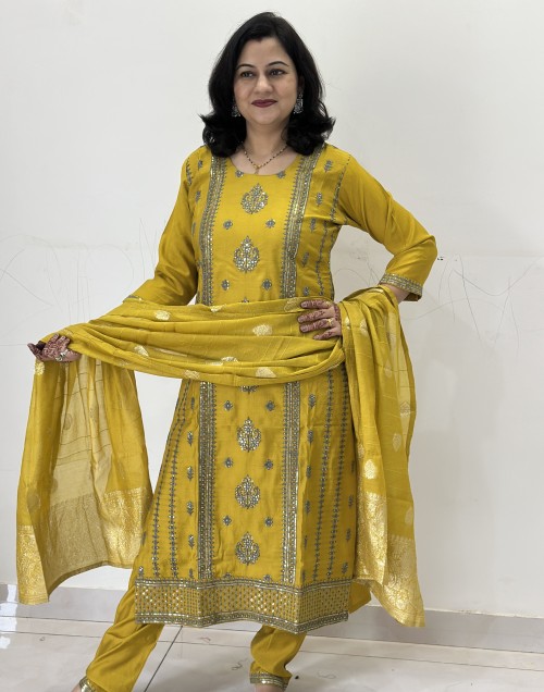 Cotton Silk Straight Style Suit in 3pc Set and Banarsi Silk Dupatta - Mustard Yellow