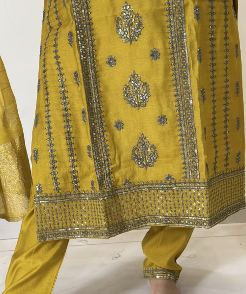 Cotton Silk Straight Style Suit in 3pc Set and Banarsi Silk Dupatta - Mustard Yellow