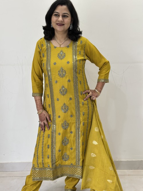 Cotton Silk Straight Style Suit in 3pc Set and Banarsi Silk Dupatta - Mustard Yellow