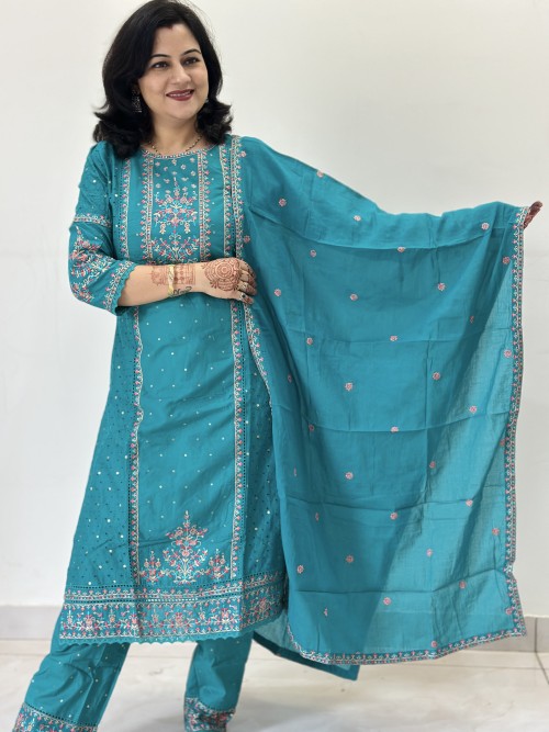 Pure Cotton Regular Style Suit in 3pc Set with all over Shifli work in Shirt, and Pure Cotton Dupatta - Rama Green