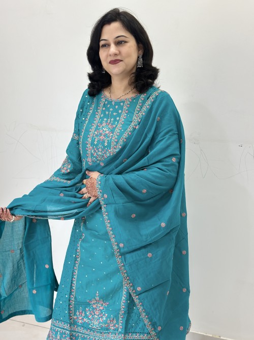 Pure Cotton Regular Style Suit in 3pc Set with all over Shifli work in Shirt, and Pure Cotton Dupatta - Rama Green