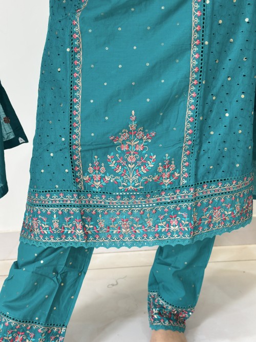 Pure Cotton Regular Style Suit in 3pc Set with all over Shifli work in Shirt, and Pure Cotton Dupatta - Rama Green