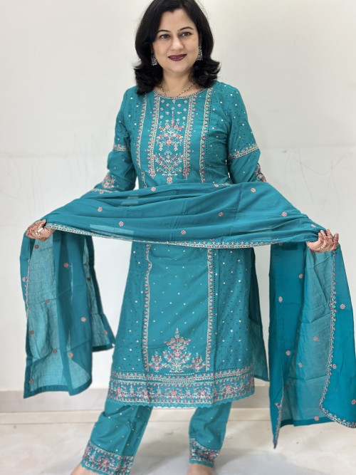 Pure Cotton Regular Style Suit in 3pc Set with all over Shifli work in Shirt, and Pure Cotton Dupatta - Rama Green