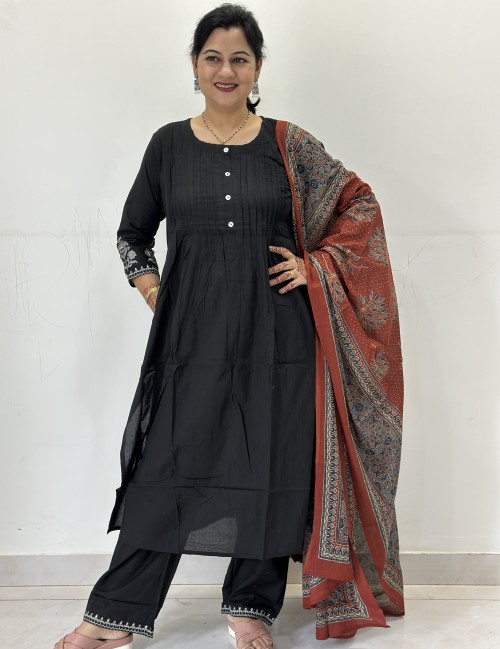 Pure Cotton A-Line Style Suit in 3pc Set with Straight Pant and Pure Cotton Dupatta - Black