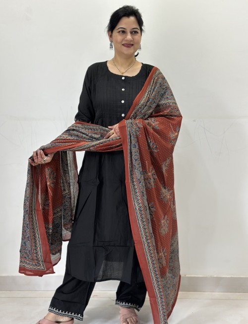 Pure Cotton A-Line Style Suit in 3pc Set with Straight Pant and Pure Cotton Dupatta - Black