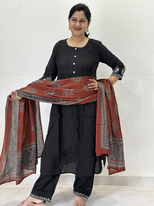 Pure Cotton A-Line Style Suit in 3pc Set with Straight Pant and Pure Cotton Dupatta - Black