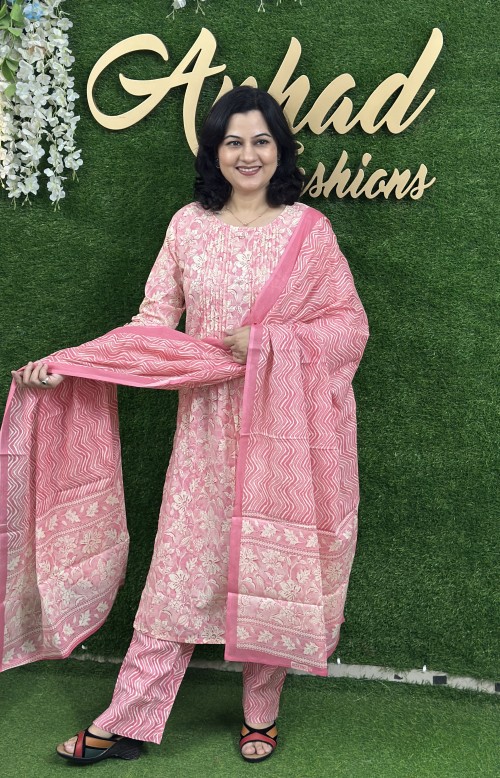 Pure Cotton Semi A-Line Style Suit in 3pc Set with Straight Pant and Pure Cotton Dupatta - Pink