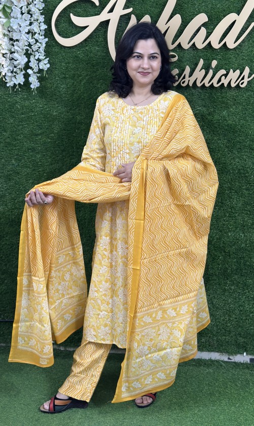 Pure Cotton Semi A-Line Style Suit in 3pc Set with Straight Pant and Pure Cotton Dupatta - Yellow