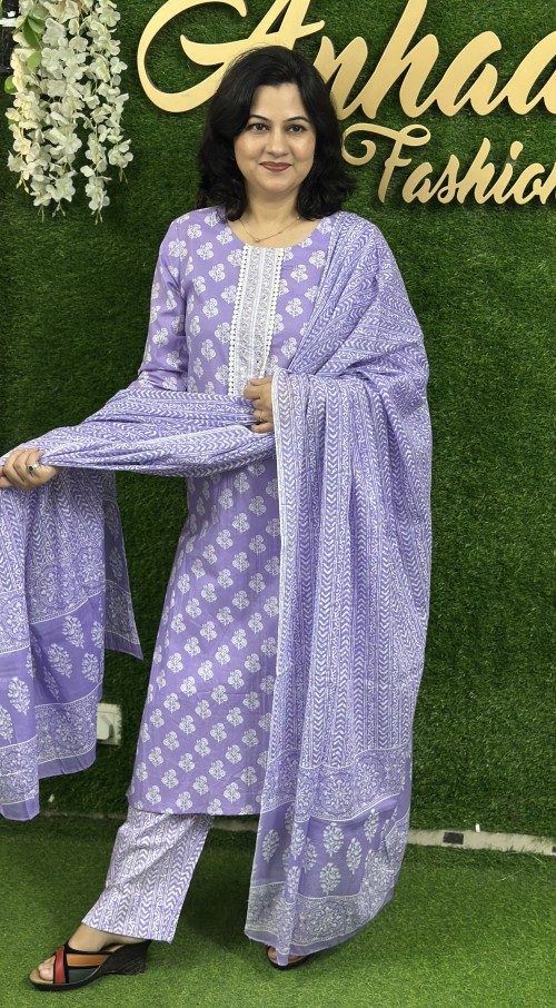 Pure Cotton Regular Style Suit in 3pc Set with Straight Pant and Pure Cotton Dupatta - Lavender