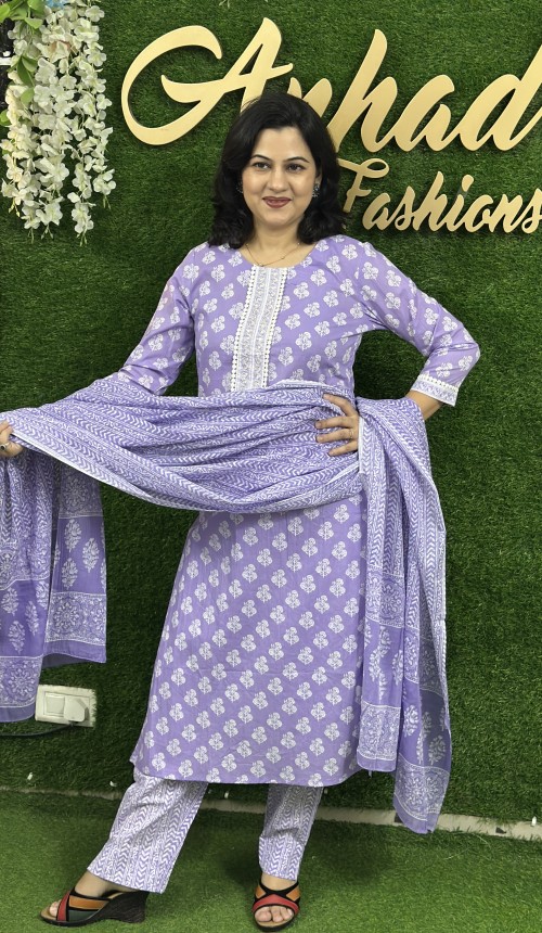 Pure Cotton Regular Style Suit in 3pc Set with Straight Pant and Pure Cotton Dupatta - Lavender