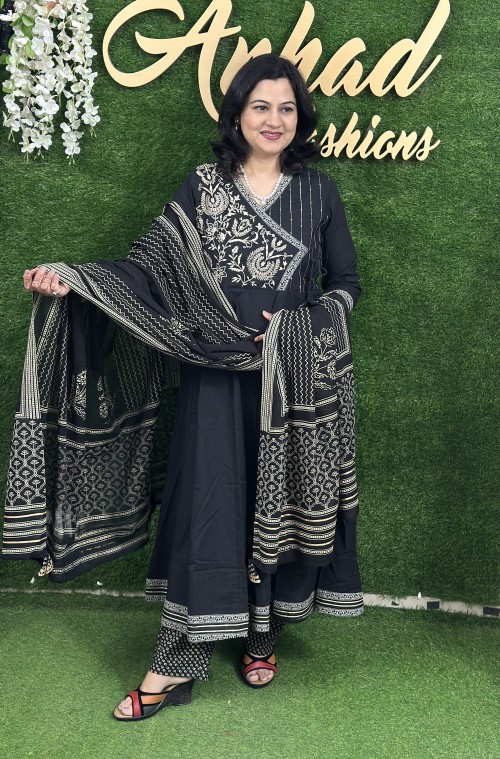 Pure Cotton Anarkali Style Suit in 3pc Set with Straight Pant and Pure Cotton Dupatta - Black