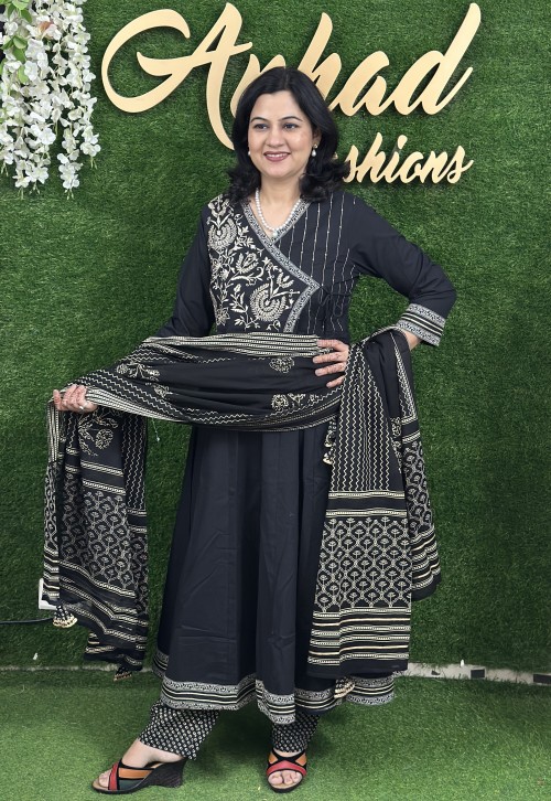 Pure Cotton Anarkali Style Suit in 3pc Set with Straight Pant and Pure Cotton Dupatta - Black