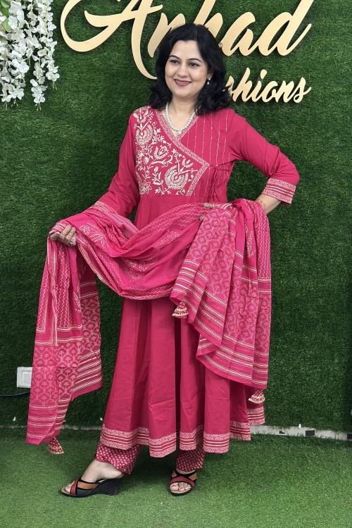 Pure Cotton Anarkali Style Suit in 3pc Set with Straight Pant and Pure Cotton Dupatta - Hot Pink