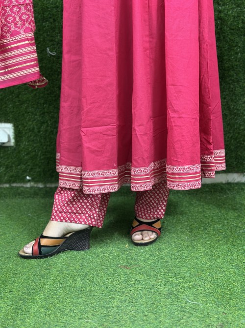 Pure Cotton Anarkali Style Suit in 3pc Set with Straight Pant and Pure Cotton Dupatta - Hot Pink