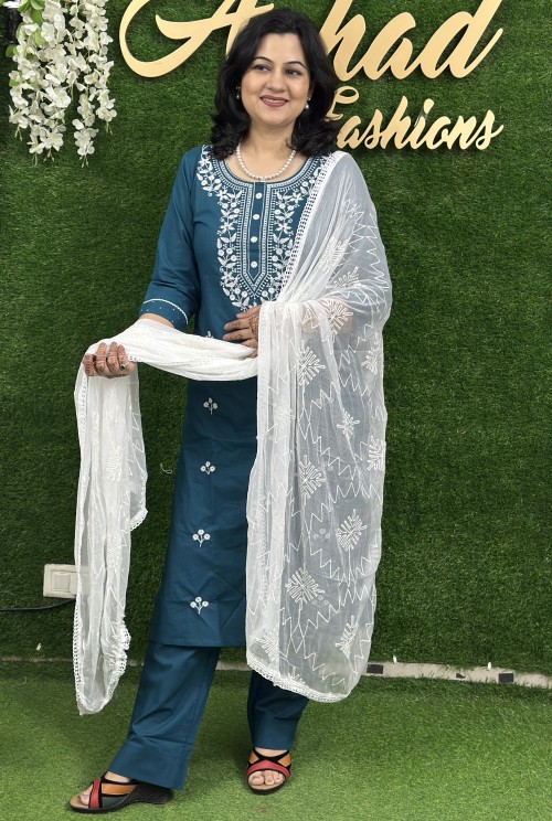 Pure Cotton Lakhnavi Kadhai Suit in 3pc Set with Straight Pant and Pure Chiffon Dupatta - Teel Blue