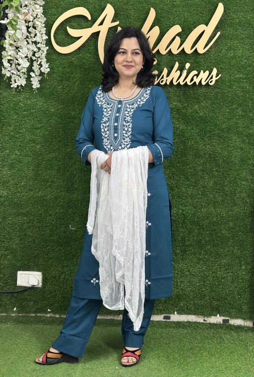 Pure Cotton Lakhnavi Kadhai Suit in 3pc Set with Straight Pant and Pure Chiffon Dupatta - Teel Blue