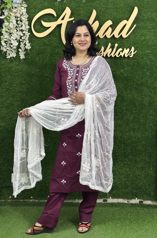 Pure Cotton Lakhnavi Kadhai Suit in 3pc Set with Straight Pant and Pure Chiffon Dupatta - Wine