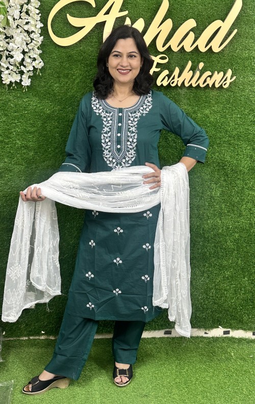 Pure Cotton Lakhnavi Kadhai Suit in 3pc Set with Straight Pant and Pure Chiffon Dupatta - Bottle Green