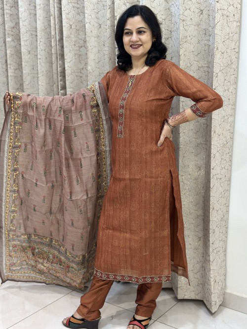 Chanderi Silk Straight Style Suit in 3pc Set and chanderi Dupatta - Copper