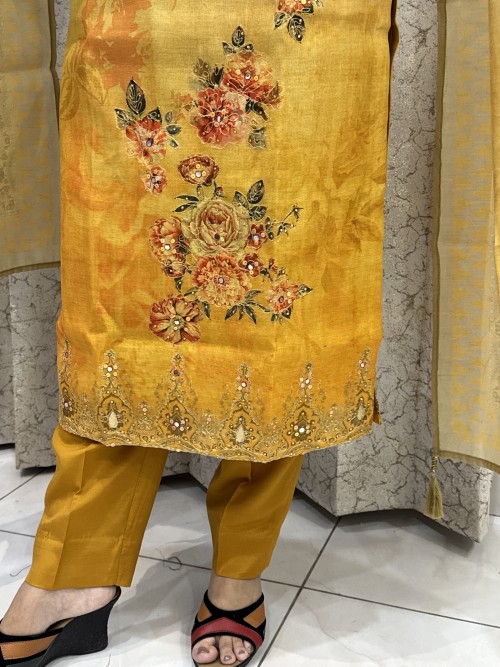 Linen Silk Regular Style Suit in 3pc Set with Straight Pant and Silk Dupatta - Ivory Yellow