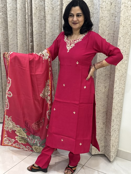 Roman Silk Straight Style Suit in 3pc Set and Maslin Dupatta - Rani Pink