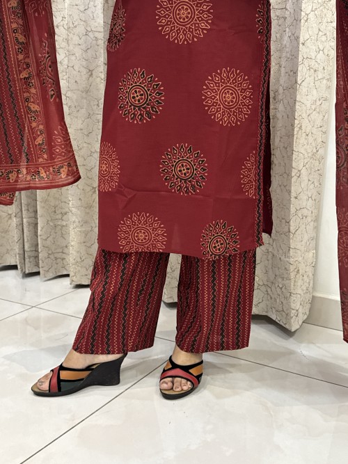 Pure Cotton Regular Style Suit in 3pc Set with Straight Pant and Pure Cotton Dupatta - Rusty Maroon