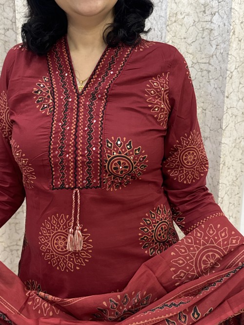 Pure Cotton Regular Style Suit in 3pc Set with Straight Pant and Pure Cotton Dupatta - Rusty Maroon