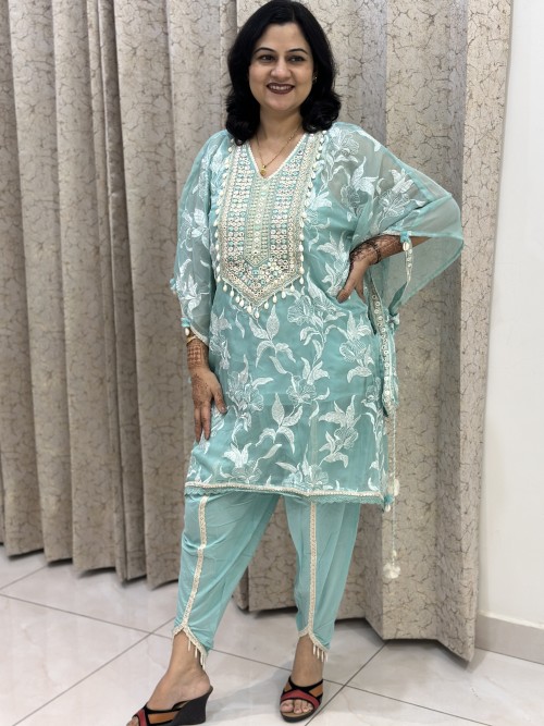 Organza Tissue Fabric Kaftan Designer dress in 4pc Set with Tulip Pant - Sea Green