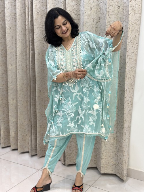 Organza Tissue Fabric Kaftan Designer dress in 4pc Set with Tulip Pant - Sea Green