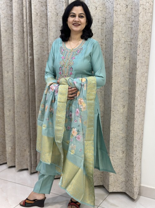 Maslin Silk Straight Style Suit in 3pc Set and Chanderi Dupatta - Greenish Blue