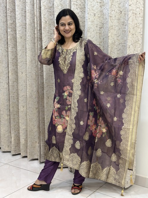 Shimmer Silk Straight Style Suit in 3pc Set and Shimmer Silk Dupatta - Violet