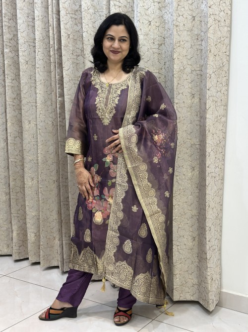 Shimmer Silk Straight Style Suit in 3pc Set and Shimmer Silk Dupatta - Violet