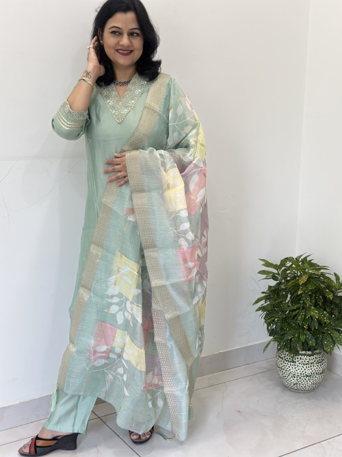 Roman Silk Straight Style Suit in 3pc Set and Chanderi Dupatta - Sea Green