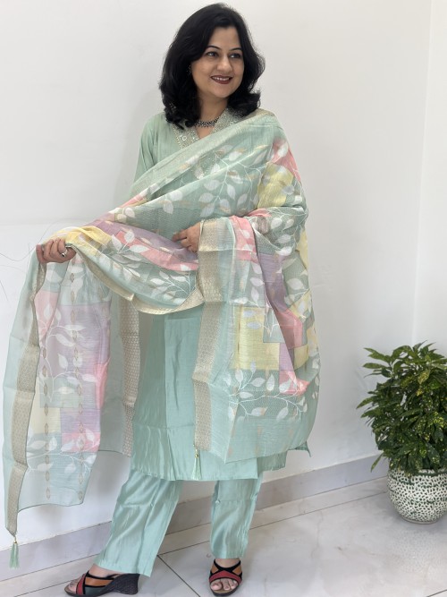 Roman Silk Straight Style Suit in 3pc Set and Chanderi Dupatta - Sea Green