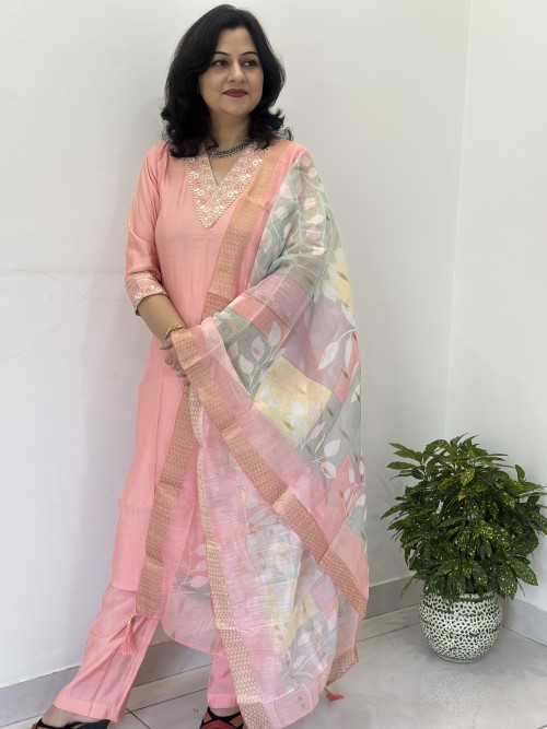 Roman Silk Straight Style Suit in 3pc Set and Chanderi Dupatta - Peach