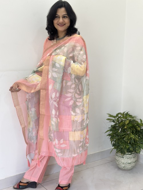 Roman Silk Straight Style Suit in 3pc Set and Chanderi Dupatta - Peach