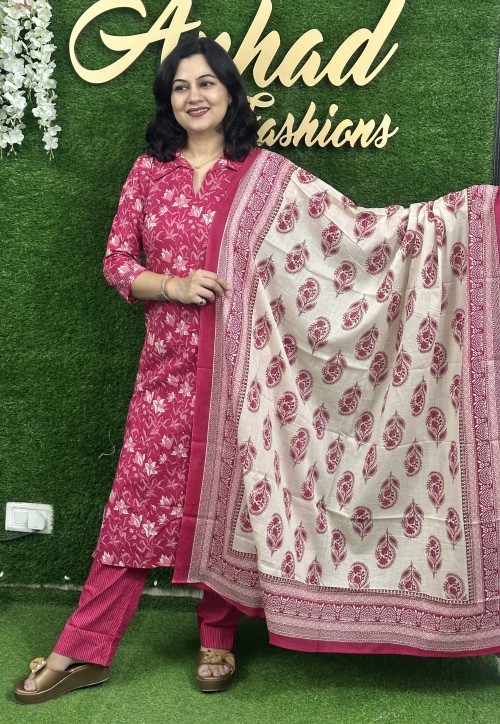 Pure Cotton Collared Style Suit in 3pc Set with Straight Pant and Pure Cotton Dupatta - Hot Pink