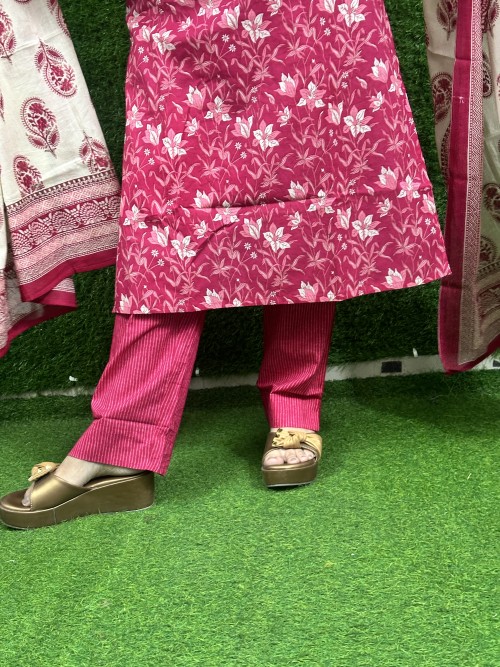 Pure Cotton Collared Style Suit in 3pc Set with Straight Pant and Pure Cotton Dupatta - Hot Pink