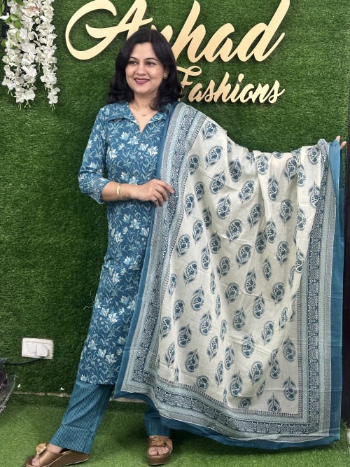 Pure Cotton Collared Style Suit in 3pc Set with Straight Pant and Pure Cotton Dupatta - Teel Blue