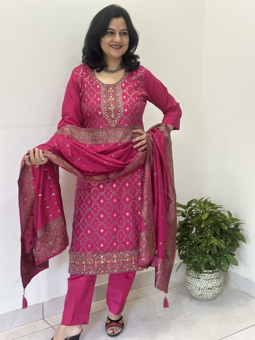 Banarasi Silk Straight Style Suit in 3pc Set and Banarasi Dupatta - Hot Pink