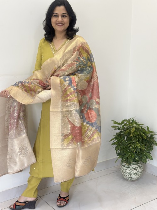 Roman Silk Straight Style Suit in 3pc Set and Chanderi Dupatta - Mustard