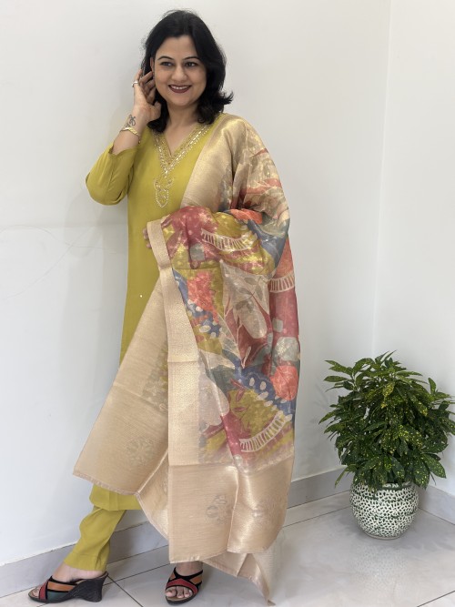 Roman Silk Straight Style Suit in 3pc Set and Chanderi Dupatta - Mustard