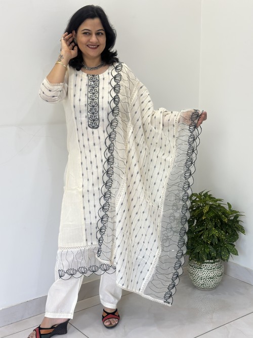 Pure Cotton Regular Style Suit in 3pc Set with Tissue work in Shirt, and Tissue work Dupatta - Off White