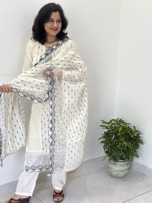 Pure Cotton Regular Style Suit in 3pc Set with Tissue work in Shirt, and Tissue work Dupatta - Off White