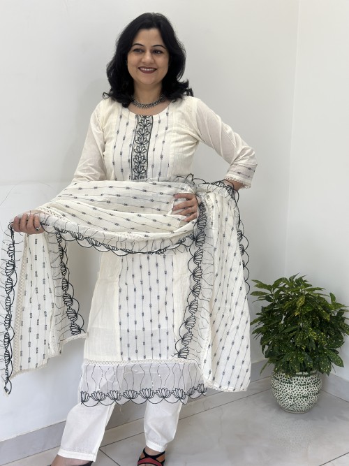 Pure Cotton Regular Style Suit in 3pc Set with Tissue work in Shirt, and Tissue work Dupatta - Off White