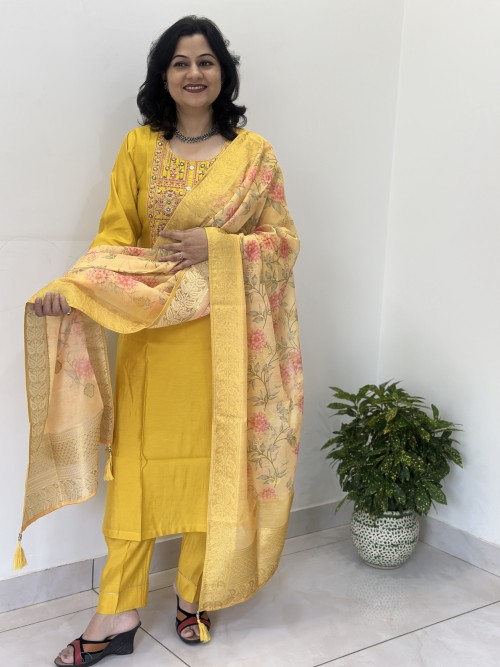 Maslin Silk Suit in Straight Style Suit in 3pc Set and Chanderi Dupatta - Yellow