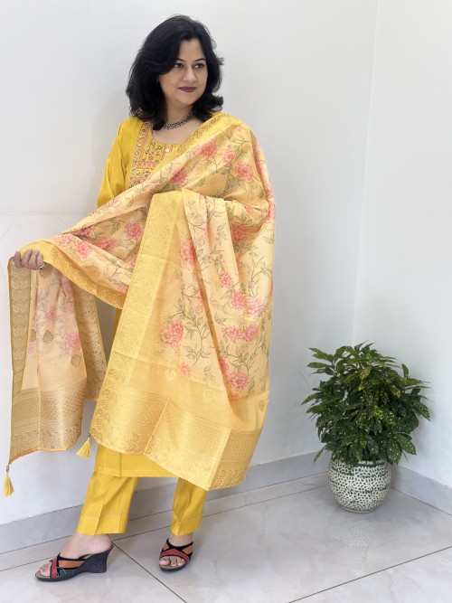 Maslin Silk Suit in Straight Style Suit in 3pc Set and Chanderi Dupatta - Yellow