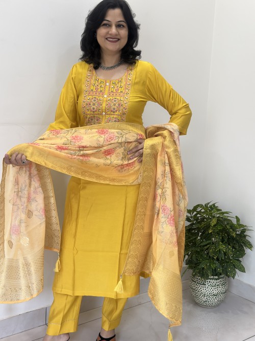 Maslin Silk Suit in Straight Style Suit in 3pc Set and Chanderi Dupatta - Yellow