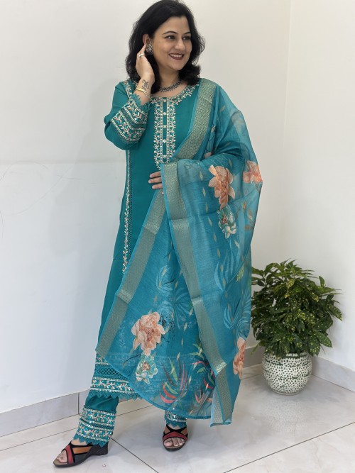 Cotton Silk Straight Style Suit in 3pc Set and Chanderi Silk Dupatta - Rama Green