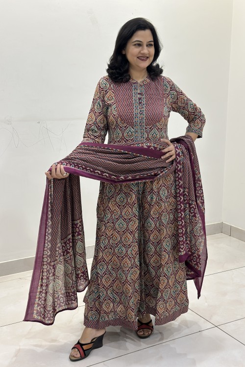 Pure Cotton Ajrak print Anarkali Style Suit in 2pc Set with Pure Cotton Dupatta - Wine